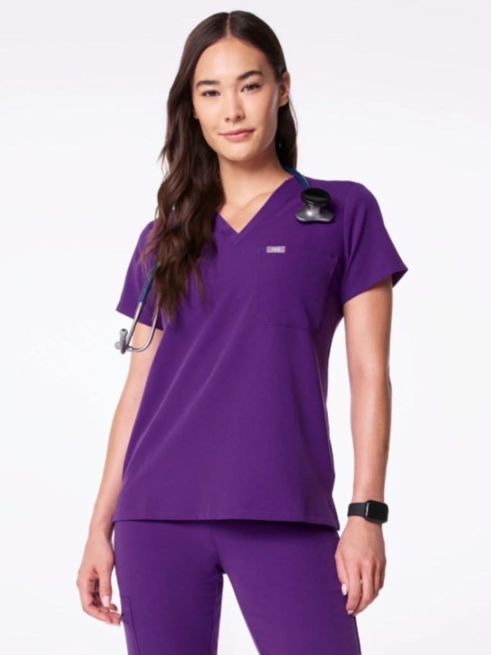 Figs Women's Short Sleeve V-Neck Scrub Top in Deep Purple